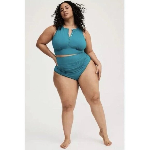 *New Torrid 2 Pc Swimsuit Womens Plus 3 Green High Neck Henley Top Cheeky Brief - Picture 13 of 13